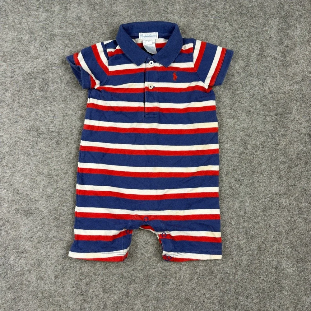 Ralph Lauren Romper Baby 6 Month Striped Red White Blue Polo Short Sleeve
